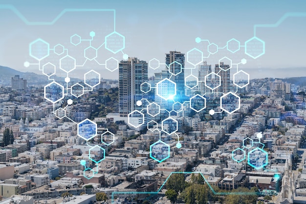 Vista panorámica del paisaje urbano del centro financiero de San Francisco durante el día desde la azotea California Estados Unidos Economía descentralizada Criptografía de cadena de bloques y holograma de concepto de criptomoneda