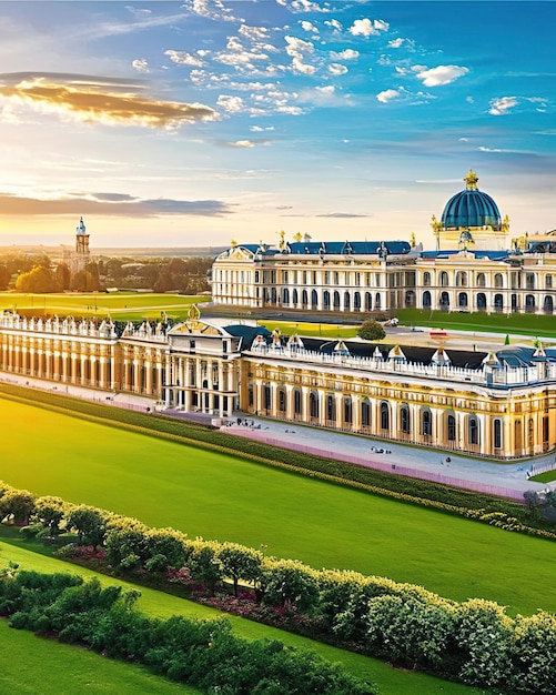 Vista panorámica del palacio aristocrático que muestra la magnífica arquitectura de los jardines.