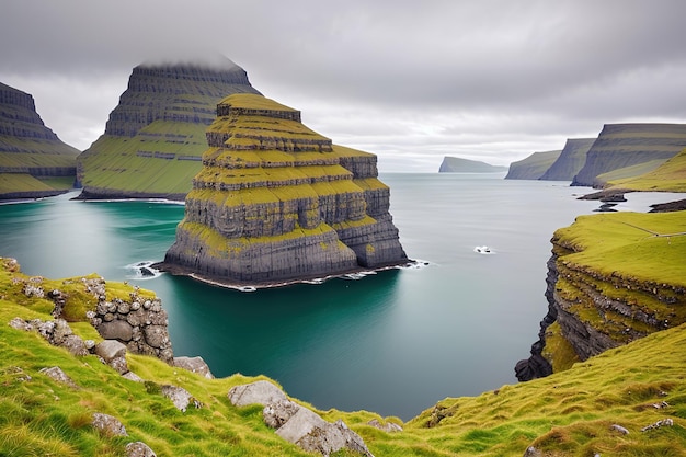 Vista panorâmica para a baía Ilhas Faroe Generative AI