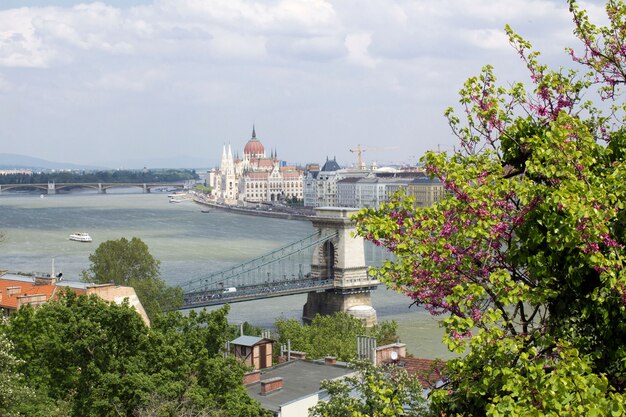 Vista panorámica del parlamento, la ciudad y el río en el día de primavera. Budapest. Hungría.