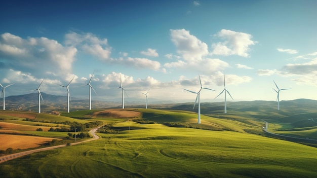 Vista panorámica del parque eólico o parque eólico con turbinas eólicas altas para generar electricidad con espacio de copia concepto de energía verde IA generativa