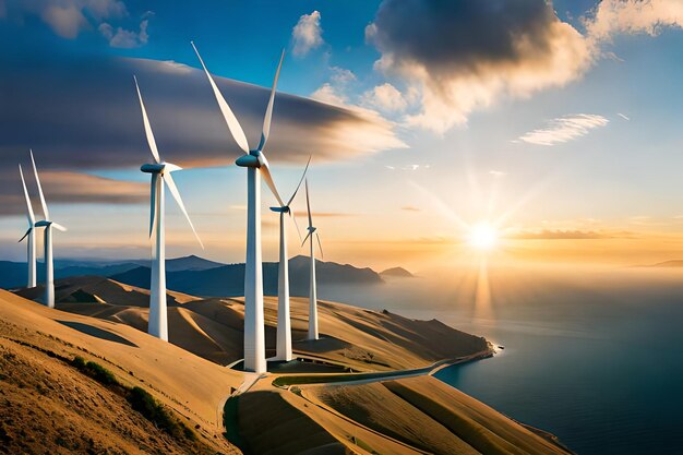 Vista panorámica del parque eólico o parque eólico con turbinas eólicas altas para generar electricidad