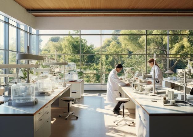 Foto una vista panorámica de un patólogo trabajando en un espacioso laboratorio rodeado de grandes ventanales.