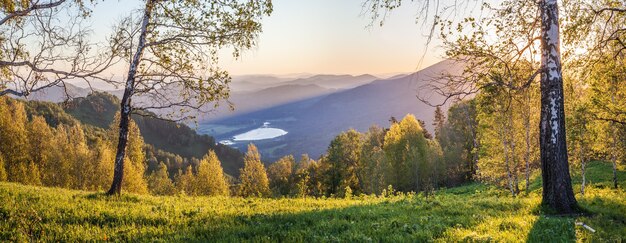 Vista panorámica de un pintoresco amanecer en las montañas de Altai, vegetación primaveral