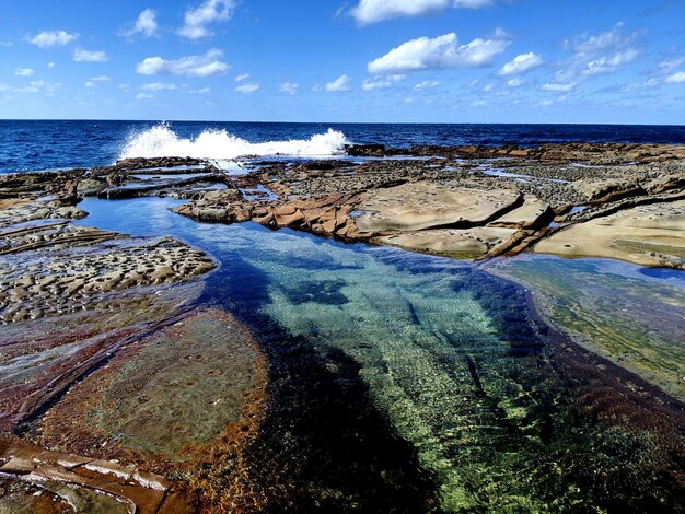 Vista panorámica de piscinas de roca contra el cielo y las olas