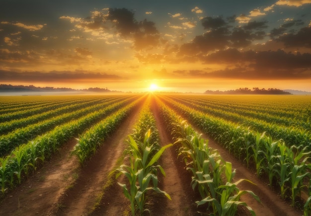 vista panorámica de la plantación de maíz joven con fondo de amanecer