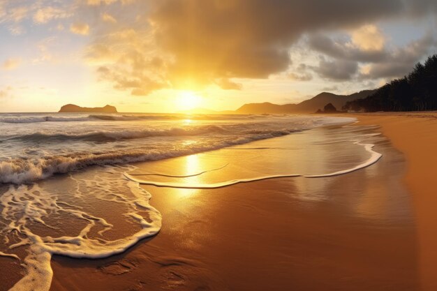 Vista panorámica de una playa serena al amanecer con una suave luz dorada pintando el cielo