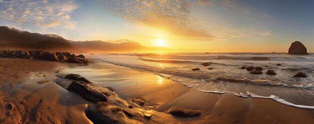 Vista panorámica de una playa serena al amanecer con una suave luz dorada pintando el panorama del cielo