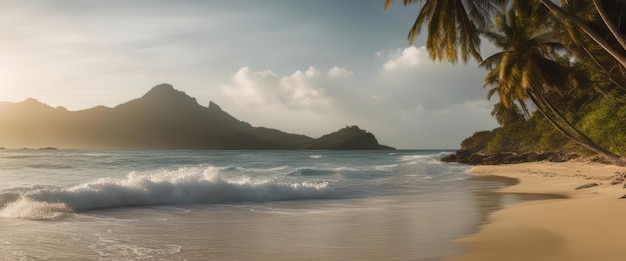 Foto vista panorámica de la playa de las seychelles con palmeras