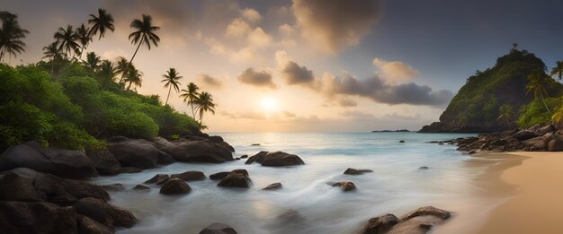 Vista panorámica de una playa tropical al atardecer en las Seychelles