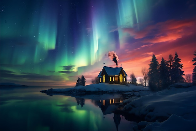 una vista panorámica desde el polo norte en el cielo nocturno con aurora oso polar en el reflejo del lago