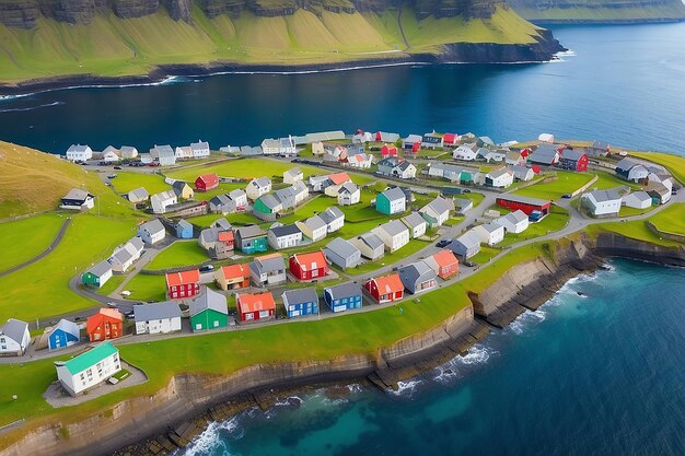 Foto vista panorámica de un pueblo feroés con campo de fútbol y casas de colores