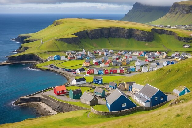 Foto vista panorámica de un pueblo feroés con campo de fútbol y casas de colores