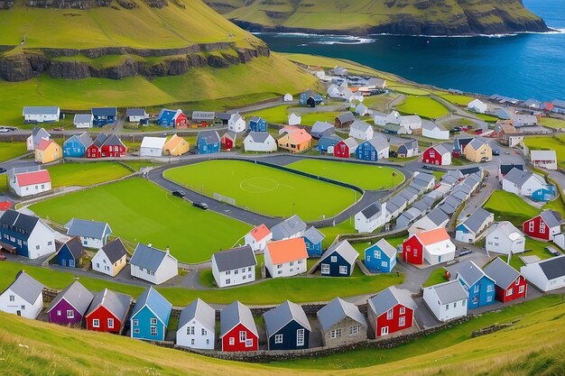 Foto vista panorámica de un pueblo feroés con campo de fútbol y casas de colores