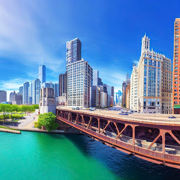 Vista panorámica del puente del centro de chicago y el edificio de estados unidos