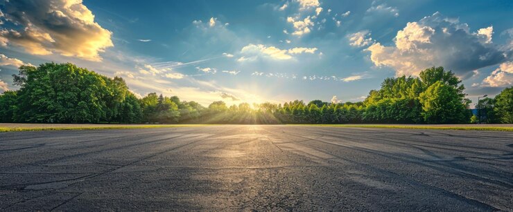 Una vista panorámica de una puesta de sol sobre una carretera vacía con árboles exuberantes y nubes dramáticas