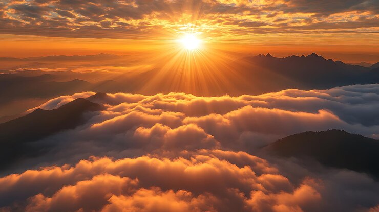 vista panorámica de una puesta de sol sobre una cordillera con nubes
