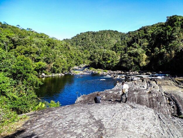 Vista panorámica del río en el bosque contra un cielo azul claro