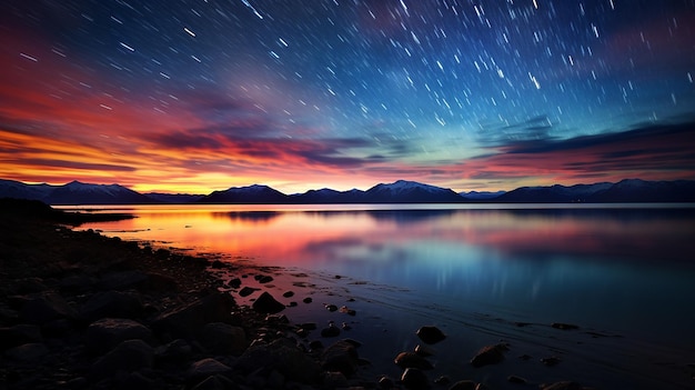 Vista panorámica del río contra el campo de estrellas por la noche