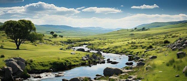 Foto vista panorámica de un río que fluye a través de un prado verde