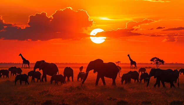 Foto una vista panorámica de la sabana africana durante la puesta de sol