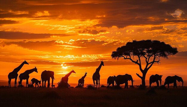 una vista panorámica de la sabana africana durante la puesta de sol