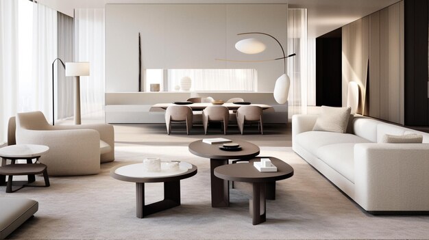 Vista panorámica de una sala de estar con mesa de comedor y sillas. Ai generativo.
