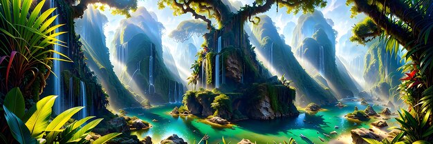 Vista panorámica de la selva tropical montañas y cascadas ilustración brillante ai generado