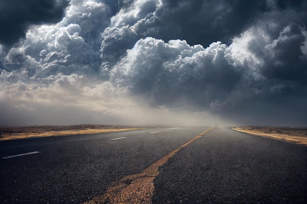 Vista panorámica sobre la carretera antes de la tormenta de truenos fondo abstracto cielo dramático con clo tormentoso