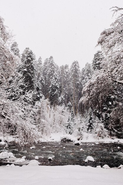 Foto vista panorámica de la tierra cubierta de nieve con el río contra el cielo