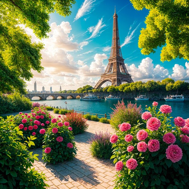 Vista panorámica de la Torre Eiffel desde un jardín en flor junto al río Sena en un día soleado