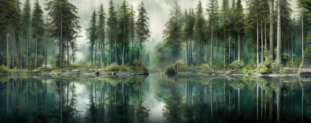 Vista panorámica de un tranquilo lago forestal rodeado de exuberantes árboles verdes