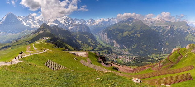 Vista panorámica del valle de Lauterbrunnen y el muro de Lauter Brunnen desde el Mannlichen Suiza