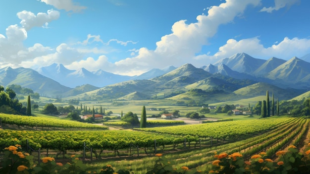 una vista panorámica de un valle con montañas y un viñedo.