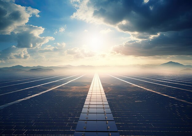 Foto una vista panorámica de un vasto campo fotovoltaico que se extiende hacia el horizonte capturada desde lo alto