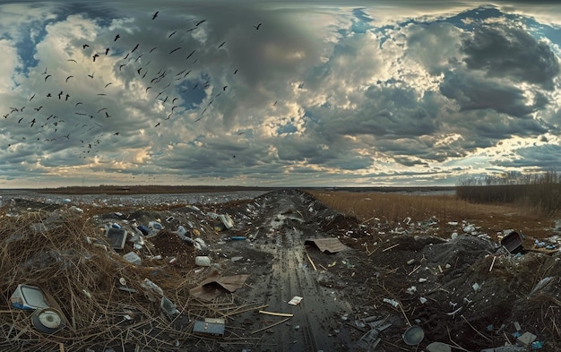 Una vista panorámica de un vasto vertedero cubierto de capas de desechos y escombros desechados con enjambres de pájaros volando por encima contra un cielo nublado ominoso