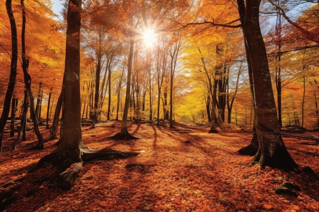 Vista panorámica de un vibrante bosque otoñal con árboles adornados en una impresionante muestra de rojo anaranjado