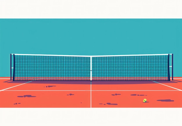 Una vista panorámica de una vibrante cancha de tenis con una red y una pelota de tenis que ejemplifican las actividades deportivas y recreativas
