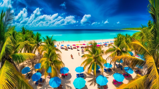 Una vista panorámica de una vibrante playa bañada por el sol bordeada de palmeras y sombrillas de rayas vívidas