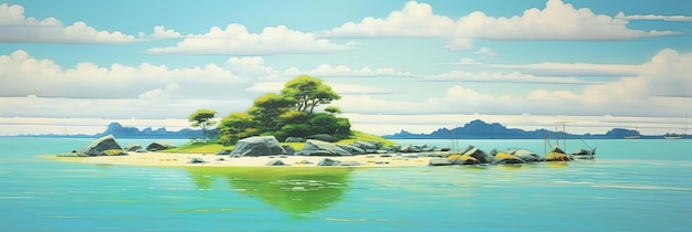 vista para a água turquesa de uma ilha na Coreia no estilo de céu claro azul e verde