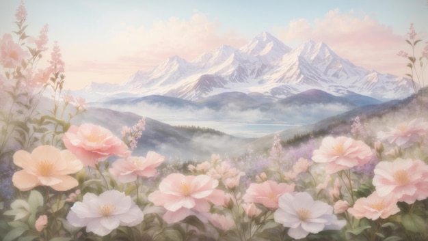 Vista para a montanha com flores em primeiro plano