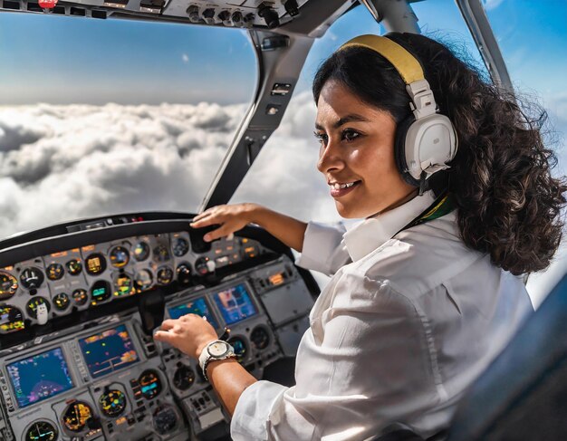 Foto vista para baixo de uma mulher piloto na cabine mãos nos controles navegando através das nuvens i...