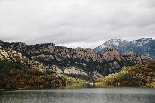 Vista para o lago com montanhas ao fundo, com árvores secas e neve no pico