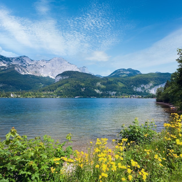 Vista para o lago de verão alpino