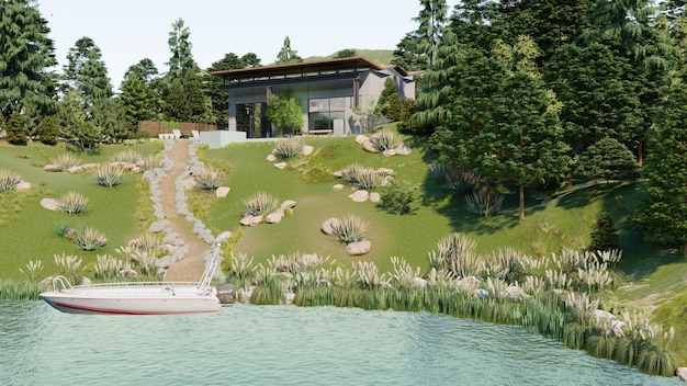 Vista para o mar de design exterior realista 3d com visualização de jardim de design de luxo Foto Premium