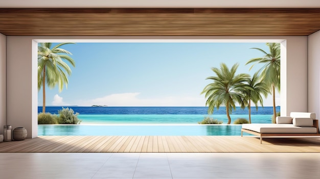 Vista para o mar grande sala de estar vazia de luxo casa de praia de verão com piscina perto de terraço de madeira grande parede branca fundo em casa de férias ou vila de férias interior do hotel