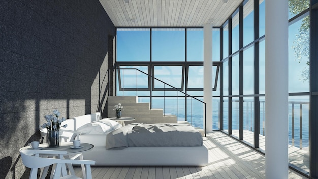 Vista para o mar interior do quarto moderno para renderização 3d de férias e verão