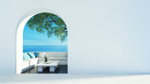 Vista para o mar Luxo de praia vivendo renderização em 3D ao estilo da ilha de Santorini