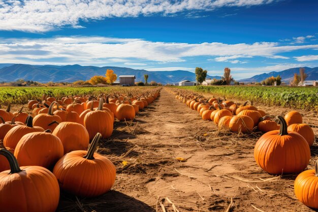 Vista del parche de calabazas en un soleado día de otoño