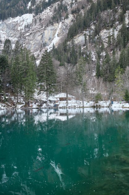 Foto vista parcial do lago blausee, coberto de neve, na suíça